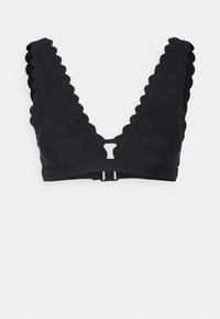 Top de bikini preto com bordas onduladas, design de decote em V profundo e detalhe de furo no centro, com fecho por fecho nas costas.