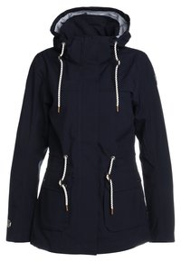 Veste bleu marine à capuche avec cordons blancs, fermeture éclair frontale, deux grandes poches avant et cordons de serrage à la taille.