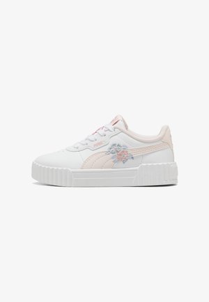 White sneaker with pink accents and floral embroidery. Features a textured sole and padded collar for comfort. Rubber outsole.