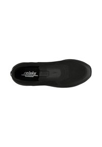 Black slip-on shoe featuring a breathable mesh upper, textured surface, and a flexible rubber sole for enhanced comfort and fit.