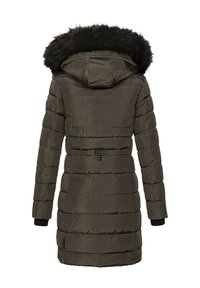 Olive green padded coat with a large faux fur-lined hood, ribbed cuffs, and a smooth texture. Features horizontal stitching and a back label.