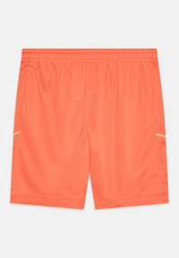 Oranžid spordijalanad, mis on valmistatud siledast kangast, elastse vöökoha ja külgmiste võrgupaneelidega, et tagada hingavus.