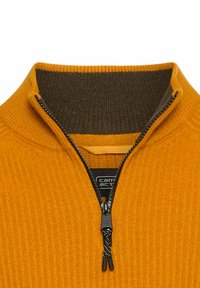 Reißverschluss-Pullover aus geripptem Senfstoff mit einem dunkelbraunen Kragen. Verfügt über einen schwarzen Reißverschluss und ein Etikett am Hals für einfaches An- und Ausziehen.