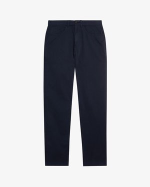 Navy blue chinos made from cotton, featuring a straight-leg design, front pockets, and a button closure. Smooth texture with minimal detailing.