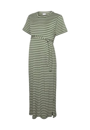 Těhotenské šaty s vodorovnými pruhy v zelené a bílé barvě, krátké rukávy, kulatý výstřih a sladěný pásek na zavazování nad bříškem.