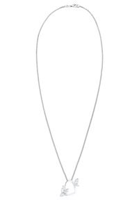 Silberne Halskette mit einem herzförmigen Anhänger, der von Blattelementen und klaren Edelsteinen akzentuiert wird. Zarte Textur und polierte Oberfläche.