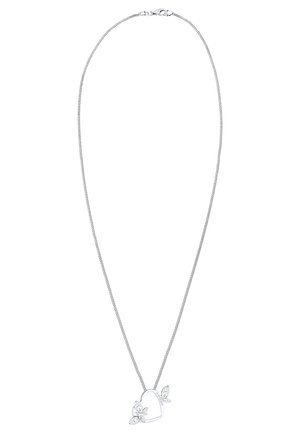 Silberne Halskette mit einem herzförmigen Anhänger, der von Blattelementen und klaren Edelsteinen akzentuiert wird. Zarte Textur und polierte Oberfläche.