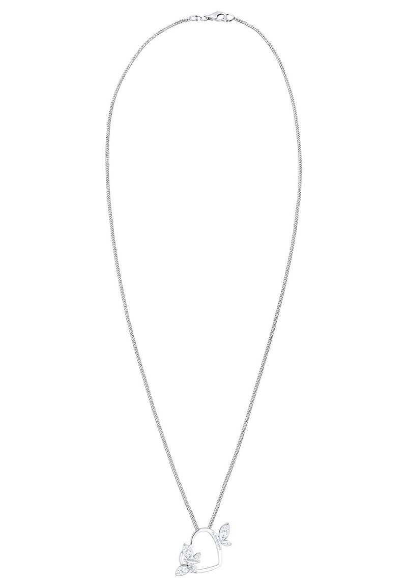 Silberne Halskette mit einem herzförmigen Anhänger, der von Blattelementen und klaren Edelsteinen akzentuiert wird. Zarte Textur und polierte Oberfläche.