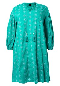 Türkises Baumwollkleid mit langen Ärmeln, V-Ausschnitt, floralem Stickerei und Quastenakzenten entlang des Ausschnitts. Lockere Passform und knielang.