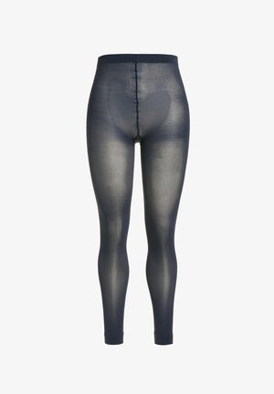 Schwarz transparente, lange Strumpfhosen mit einer sichtbaren Naht, die vertikal entlang der vorderen Mitte verläuft.