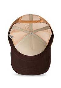 Brown baseball cap with a structured front, mesh back, and interior polyester lining. Adjustable snap closure and curved visor design.
