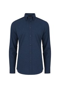 Granatowa koszula z długim rękawem wykonana z mieszanki bawełny. Posiada kołnierzyk zapinany na guziki, guziki z przodu oraz prosty design bez wzorów.