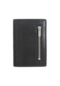 Portafoglio in pelle nera con una superficie liscia, dotato di una tasca con zip per monete e un design minimalista. Leggeri dettagli impressi sulla superficie.