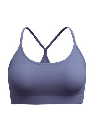 Paarse sportbeha van een gestructureerde, rekbare stof. Heeft een racerback ontwerp en een brede, gladde band onderaan.
