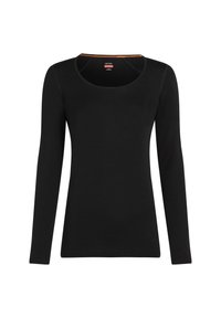 Top negro de manga larga con cuello redondeado, hecho de una tela suave. Presenta costuras de contraste a lo largo de las costuras. Sin patrones visibles.