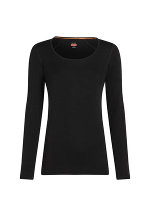 Haut noir à manches longues avec un col rond, fabriqué dans un tissu lisse. Présente des coutures contrastées le long des seams. Aucun motif visible.