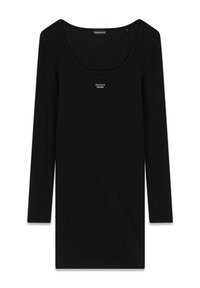 Schwarzes Langarmoberteil mit einem U-Boot-Ausschnitt und figurschmeichelndem Schnitt. Mit kleinem weißen "GUESS JEANS"-Logo auf der Brust. Weicher Stoff.