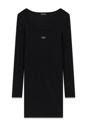 Fekete, hosszú ujjú póló, lekerekített nyakkivágással és testhez simuló fazonnal. Kicsi, fehér "GUESS JEANS" logóval a mellkasán. Puha szövet textúra.