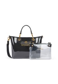 Borsa a tote in pelle verniciata nera con hardware dorato, dettaglio con logo e pochette trasparente removibile. Presenta manici robusti e un design strutturato.