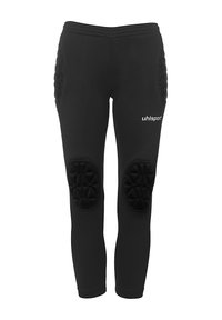 Zwarte sportieve broek met gewatteerde kniebescherming en hexagonale stiksel. Gladde textuur met een elastische tailleband; heeft een logo aan de zijkant.