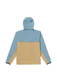 Lightweight, hooded jacket featuring a blue upper and beige lower section, with elastic cuffs and no visible hardware or patterns.