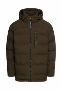 Brun polstret jakke med hætte, med en frontlynlås, to store frontlommer og en brystlomme med lynlås. Glat tekstur.