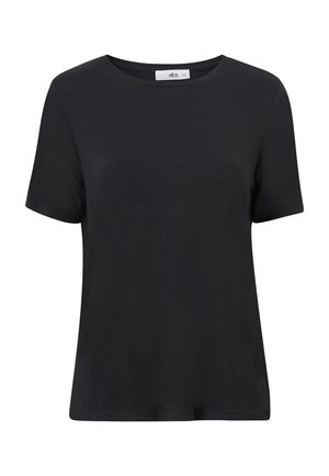 T-shirt noir à manches courtes avec col rond et ourlet droit, présenté sur un fond blanc.