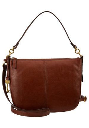 Borsa a spalla in pelle marrone con trama liscia, dotata di chiusura con zip, tracolla regolabile e dettagli in metallo color oro.