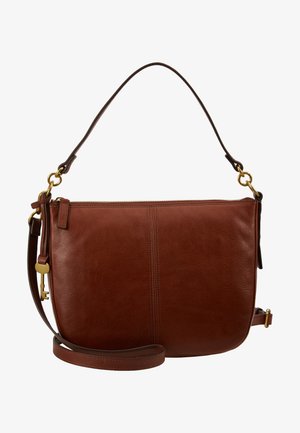 Borsa a spalla in pelle marrone con trama liscia, dotata di chiusura con zip, tracolla regolabile e dettagli in metallo color oro.