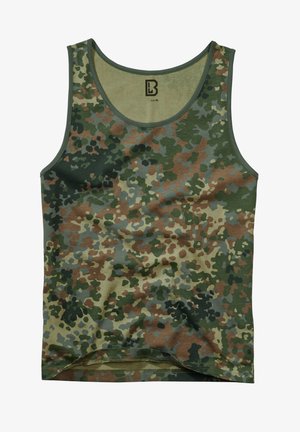 Camo tank top in green, brown, and beige hues, featuring a textured fabric, round neck, and no sleeves. Size label visible.