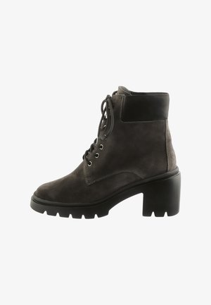 Gray suede ankle boot with a chunky black heel, lace-up front, metal eyelets, and a padded collar for added comfort. Rubber sole with traction.