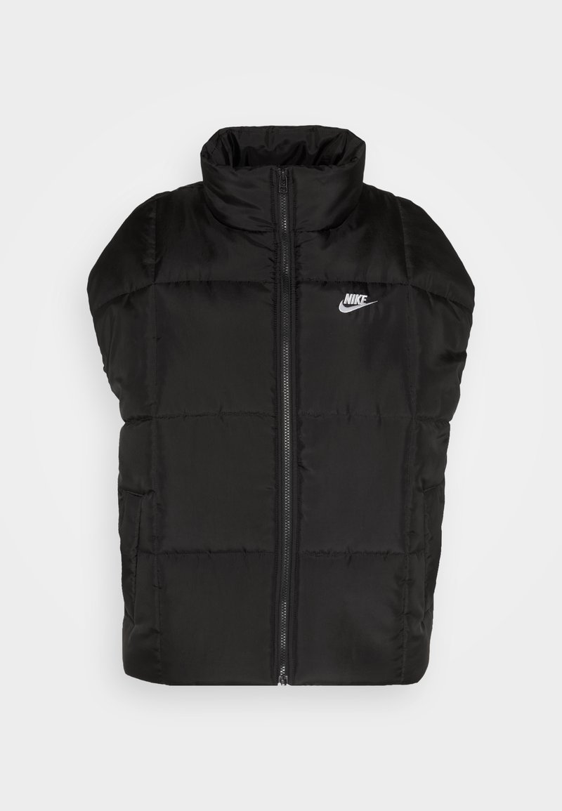 Black puffer vest with a high collar, front zipper, and side pockets. Features stitched paneling, highlighted by a small Nike logo.