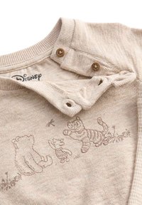 Beżowy, prążkowany kombinezon z haftowanymi postaciami misia, królika i tygrysa. Zapinany na brązowe guziki przy kołnierzyku. Widoczne logo Disney'a.