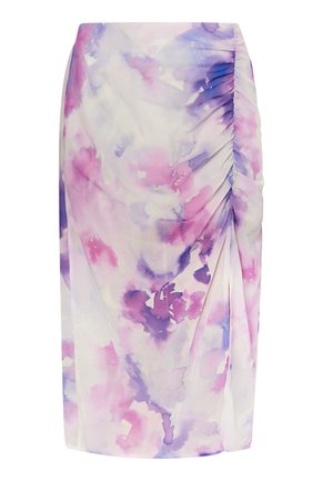 Bloemendruppeld, knielange rok van zachte, lichte stof in tinten roze en paars. Voorzien van gelegde details aan de zijkant.