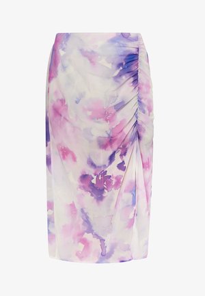 Bloemendruppeld, knielange rok van zachte, lichte stof in tinten roze en paars. Voorzien van gelegde details aan de zijkant.