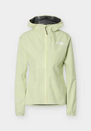 Αδιάβροχο μπουφάν ανοιχτού πράσινου χρώματος με κουκούλα, ολόκληρο φερμουάρ μπροστά, μακριά μανίκια και το λογότυπο The North Face στο στήθος.