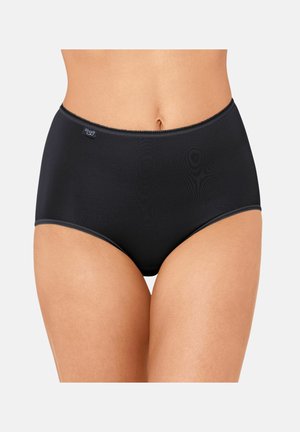 High-waist black seamless women's briefs on a midsection, showing smooth fabric and a small logo tag on the left hip.