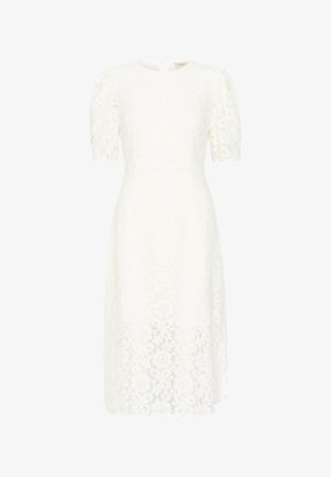 Fehér csipkés ruha rövid puffos ujjal, kerek nyakkivágással és kulcslyuk hátkivágással. Midi hosszúságú, virágmintákkal és karcsú derékkal.