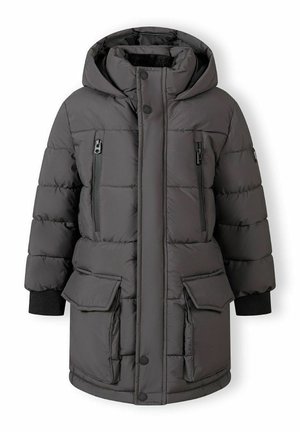 Tumedast hallist värvist puffer-jakk, millel on kapuuts, kaks tõmblukuga rinna taskut ja kaks suurt esitaskut. Ribitud mansetid ja nuppude sulguri.