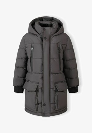 Doudoune grise foncée, avec capuche, deux poches poitrine zippées et deux grandes poches avant. Poignets côtelés et fermeture à bouton.