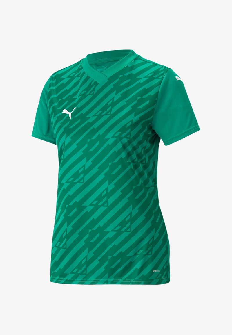 Maillot de sport vert avec un col en V, arborant un motif rayé diagoal et un logo blanc. Fabriqué en matériau respirant étiqueté "DRYCELL."