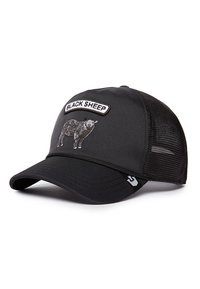 Gorra negra con malla en la parte trasera, que presenta un parche en blanco y negro con la leyenda "BLACK SHEEP" y un diseño de oveja bordado en el frente.