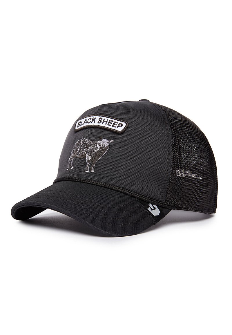 Gorra negra con malla en la parte trasera, que presenta un parche en blanco y negro con la leyenda "BLACK SHEEP" y un diseño de oveja bordado en el frente.