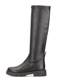 Black knee-high boots made of smooth and textured leather, featuring a thick rubber sole and a rear pull tab with a small accent.