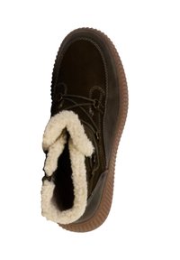 Braune Wildlederstiefel mit einem beigen Fleece-Futter, runder Zehenpartie, Gummisohle und grünen Schnürsenkeln. Verfügt über gesteppte Akzente und eine strukturierte Gummisohle.