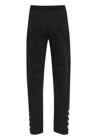 Zwarte sportbroek met een elastische tailleband. Heeft witte zijaccenten met een geometrisch patroon. Soepele, rekbare stoftextuur.