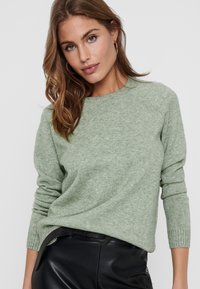 Pull en maille vert clair à manches longues, avec un col rond et des poignets côtelés, associé à un pantalon en cuir noir. Texture douce, design décontracté.