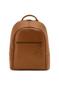 Brown leather backpack with a smooth texture, rounded shape, a front zippered pocket, and embossed logo detail on the side.
