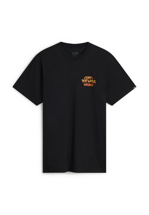 Schwarzes Vans T-Shirt mit kurzen Ärmeln, orangefarbenem "Off The Wall Vans" Text und kleinen Pfotenabdrücken auf der linken Brust.