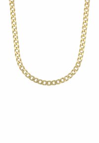 Collana in oro con spesse maglie piatte ad incastro, esposta su uno sfondo bianco.